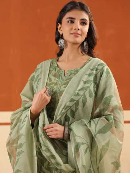 Sangria Printed Pure
                        Cotton Round Neck Kurta & Trousers With
                        Dupatta