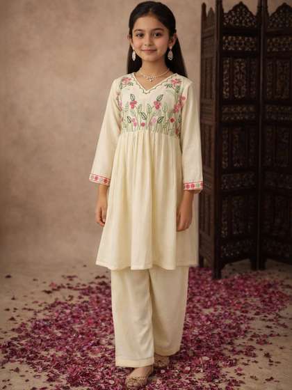 Sangria Girls
                    Embroidered Pure Cotton V-Neck Kurta & Trousers
