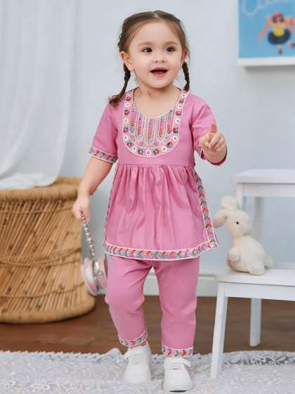 SK DRESSES Girls Pink
                      Embellished Empire Kurta Trouser Kurta Set