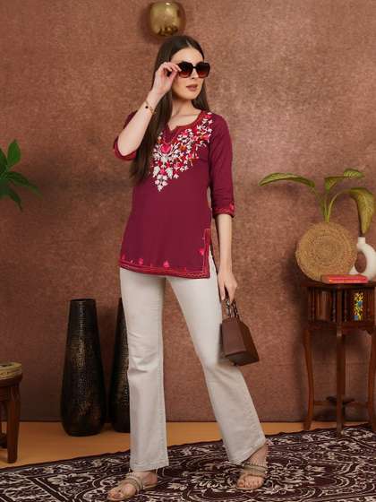 PHOOLKAARI Floral
                        Embroidered V-Neck Pure Cotton Blend Khadi
                        Kurti