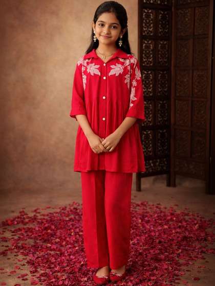 Aarika Girls Floral
                    Embroidered Empire Thread Work Pure Cotton Kurti
                    with Trousers
