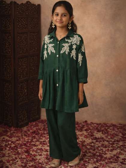 Sangria Girls
                    Embroidered Pure Cotton Shirt Collar Kurta &
                    Trousers