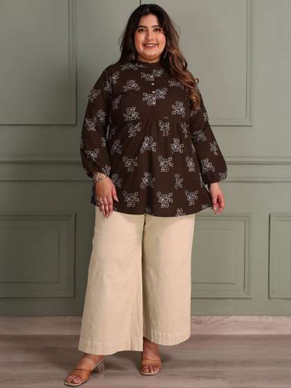 TITTLI Women Plus
                        Size Printed Puff Sleeves Mandarin Collar Pure
                        Cotton Kurti