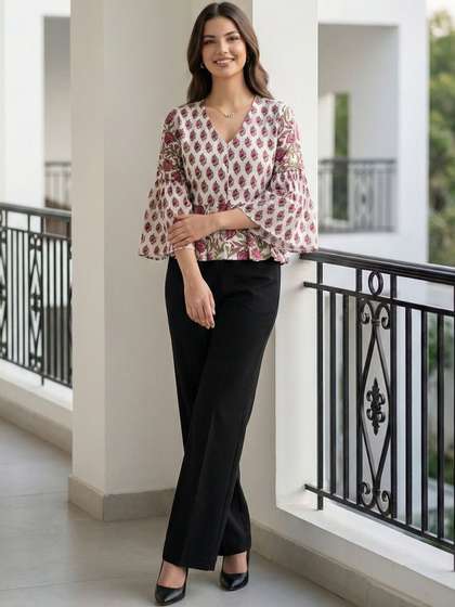 KALINI Floral
                          Printed V-Neck Flared Sleeve Cotton Blouson
                          Crop Top