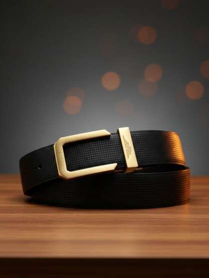 Red Tape Men Black
                      Textured Leather Belt With Push Pin Buckle