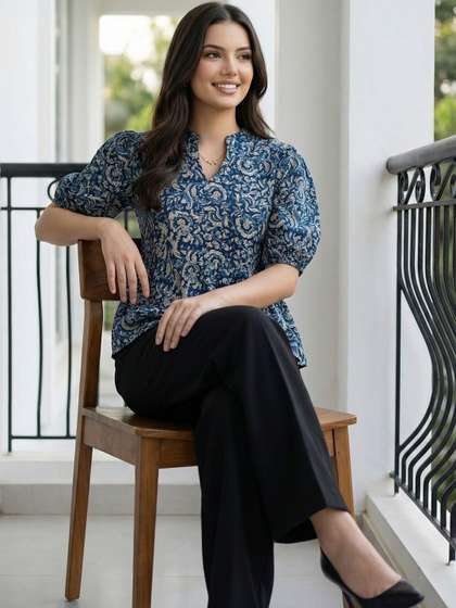 KALINI Floral Print
                        Mandarin Collar Puff Sleeve Cotton Peplum Top