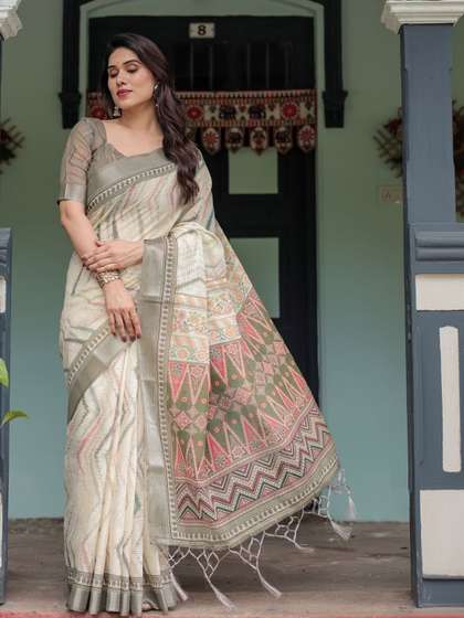 AUMAURA LIFESTYLE
                          Geometric Printed Linen Cotton Earthy Abstract
                          Print Tribal Pallu Sarees