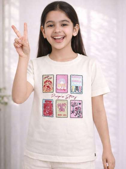 Purple United Kids Girls
                    Printed White Puff Sleeve Cotton Comfort Ready
                    Casual Tshirt