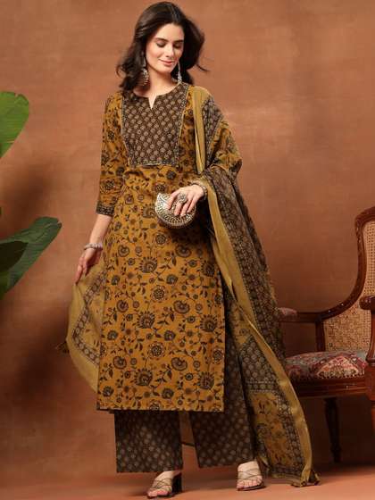 Sangria Printed Pure
                        Cotton Round Neck Kurta & Palazzos With
                        Dupatta