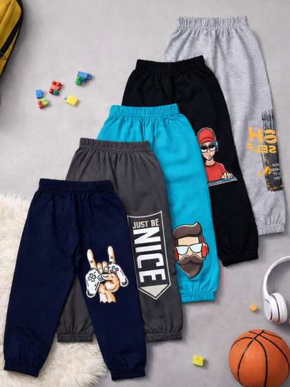 FAZZA Boys Pack Of 5
                    Printed Pure Cotton Mid-Rise Joggers