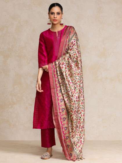 Varanga Women Pink
                        Zari Work textured Kurta with Trouser and
                        Printed Dupatta