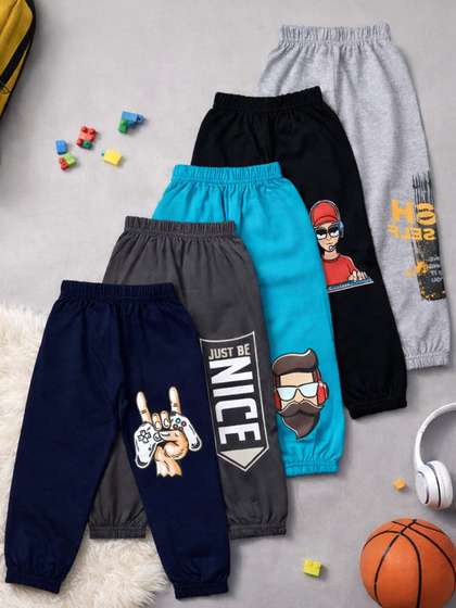 FAZZA Boys Pack Of 5
                    Printed Pure Cotton Mid-Rise Joggers