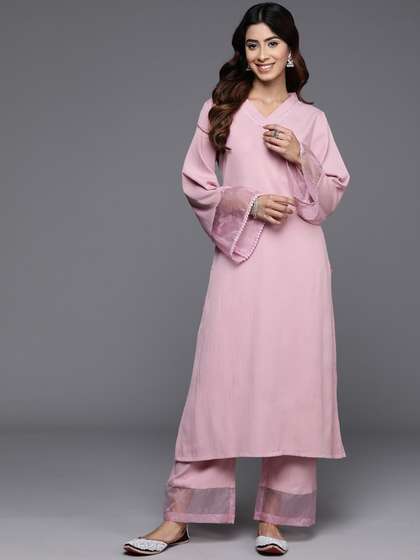 Varanga Pink Flared
                        Sleeve Organza detailed Solid Kurta &
                        Palazzo