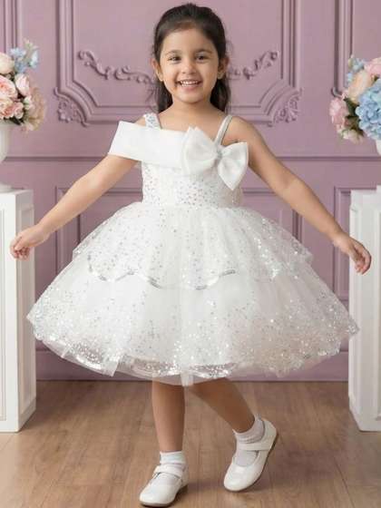 Lagorii White Sequin
                    Layered Ruffle Party Wear Frock Statement Bow
                    Dresses