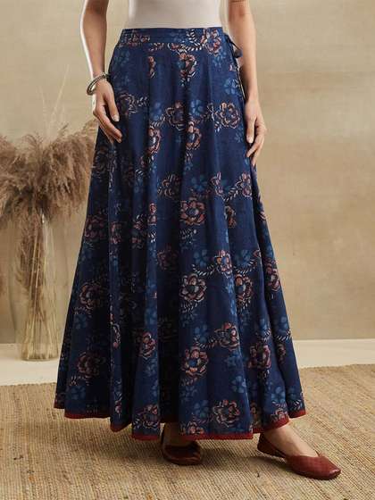 Fabindia Women
                        Cotton Floral Indigo Maxi Flared Skirt