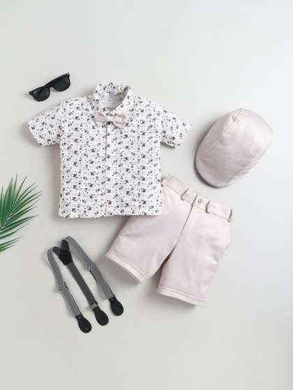 FOURFOLDS Boys Printed
                    Shirt Collar Shirt & Trousers With Cap Suspender
                    & Bow