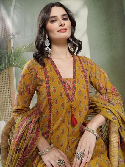 Sangria Printed
                          Pure Cotton V-Neck Kurta & Palazzos With
                          Dupatta