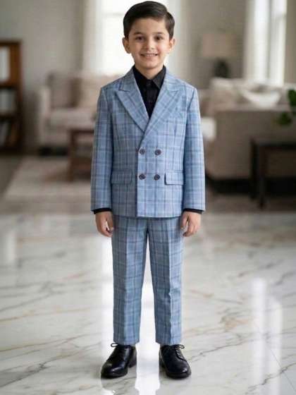 QMQ Boys Checked Wool
                    Notched Lapel 3-Piece Suit