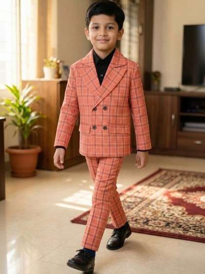QMQ Boys Checked Wool
                    Notched Lapel 3-Piece Suit