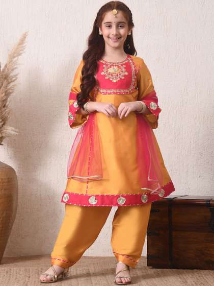 House of Pataudi Girls
                    Embroidered Round Neck Kurta & Dhoti Pants With
                    Dupatta