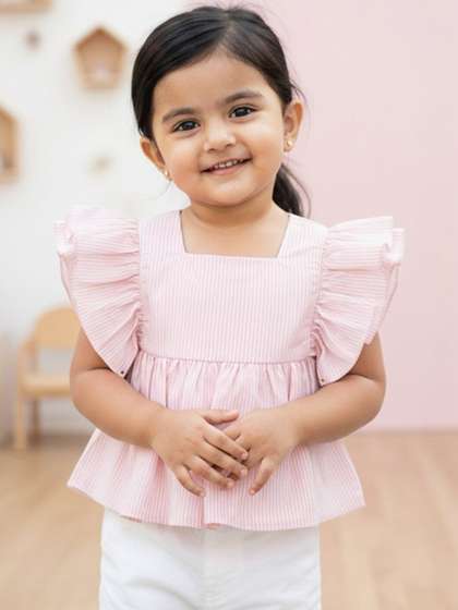 Peach Girls Pink
                      Striped Cotton Flounce Sleeve Top