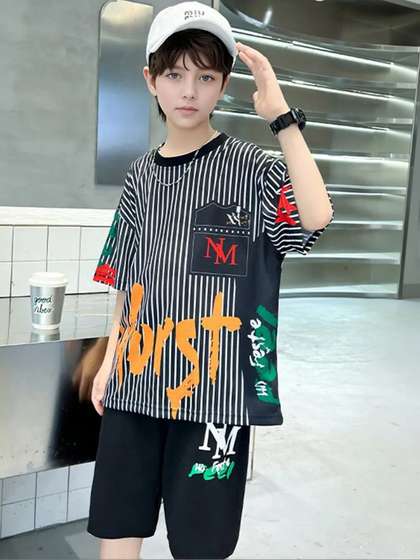 INCLUD Boys Striped
                    Round Neck T-shirt With Short