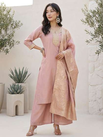Varanga Ethnic
                          Motifs Yoke Design Notch Neck Straight Kurta
                          With Palazzos & Dupatta