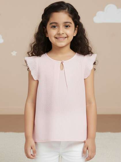 Peach Girls Pure Cotton
                    Seer Sucker Frill Sleeves Top
