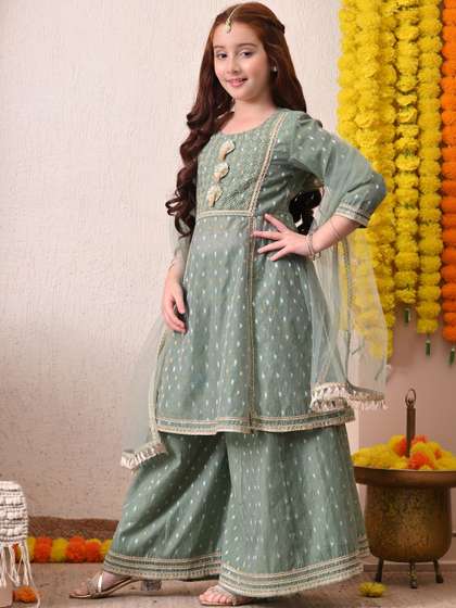 House of Pataudi Girls
                      Printed Round Neck Chanderi Silk Kurta &
                      Palazzos With Dupatta