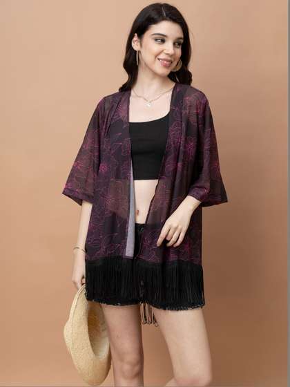 PURYS Women Printed
                        Tasselled Longline Shrug