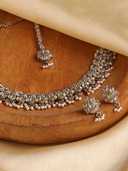 Biba Gold-Plated
                        Stone Studded & Beaded Necklace and
                        Earrings