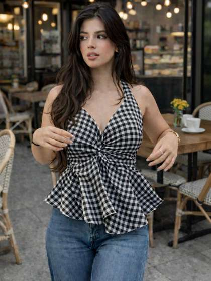 Femibazaar Women
                        Gingham Peplum Knot Peplum Tops