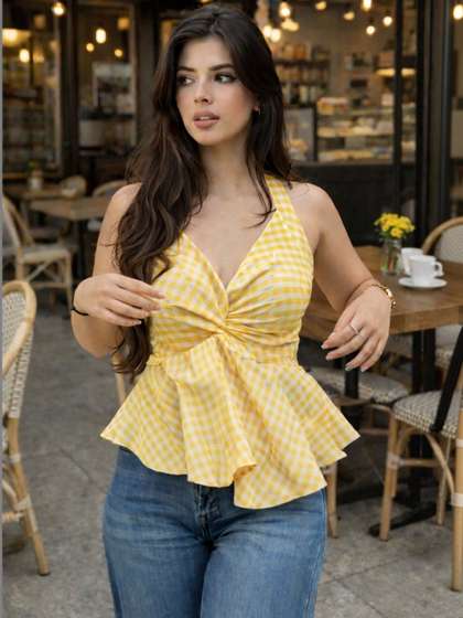 Femibazaar Checked
                          Halter Neck Cotton Peplum Top