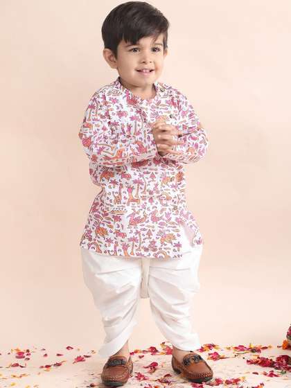 Polka Tots Boys Printed
                    Angrakha Pure Cotton Kurta with Dhoti Pants