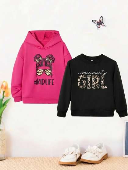 KEESOR Girls Pack of 2
                      Typography Printed Hooded Cotton Pullover
                      Sweatshirt