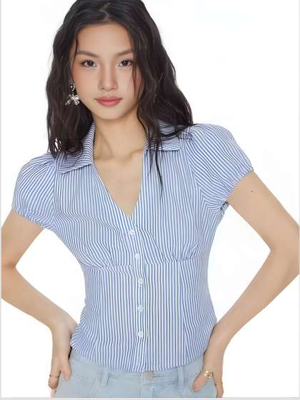 EZLIA Striped Shirt
                        Collar Puff Sleeves Top