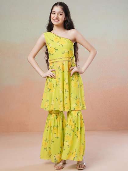 Inddus Girls Floral
                    Printed Regular Gotta Patti Kurta with Sharara