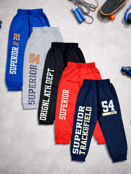 FAZZA Boys Pack Of 5
                      Typography Printed Pure Cotton Mid-Rise Joggers