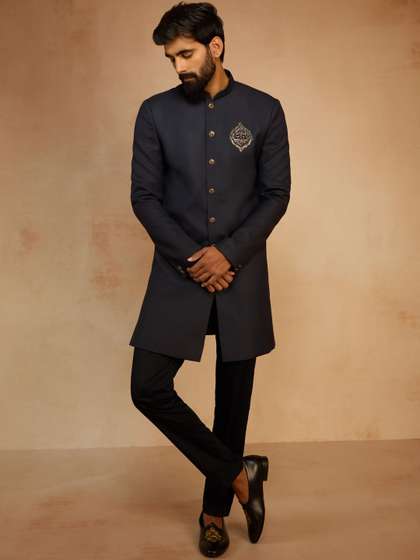 VASTRAMAY
                        Embroidered Mandarin Collar Sherwani Set