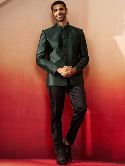 VASTRAMAY Self
                        Design Mandarin Collar Slim Fit 2 Piece Blazer
                        & Trousers Suits