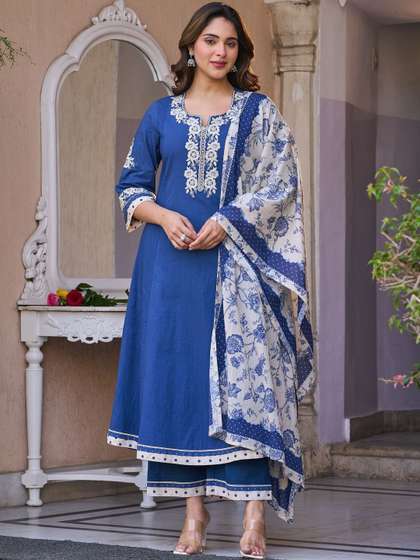 Woomn Women Floral
                        Embroidered Regular Thread Work Pure Cotton
                        Kurta with Trousers & With Dupatta