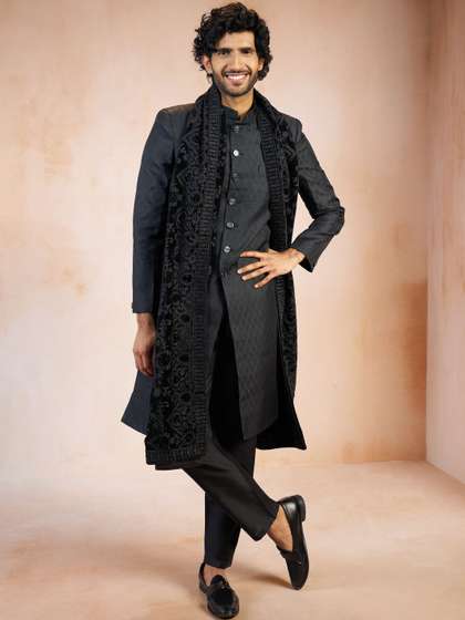 VASTRAMAY Self
                        Design Mandarin Collar Sherwani Set