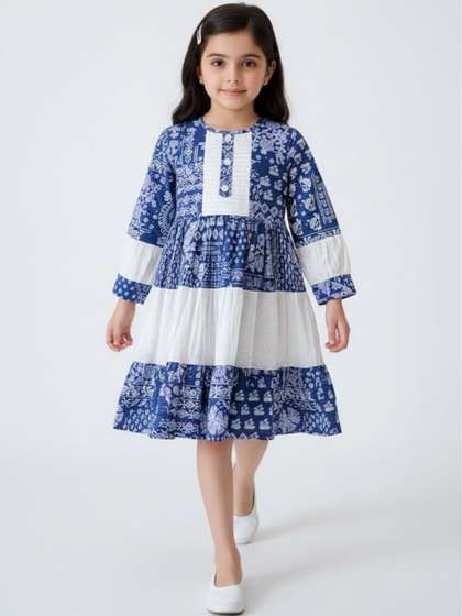 Sangria Cotton Woven
                      Girls Blue Ethnic Print Fit Flare Dress
