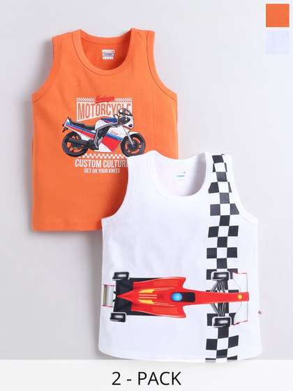 BUMZEE Orange White Boys
                    Sleeveless Cotton Pack Of 2 Age 5-6 Years Tshirts