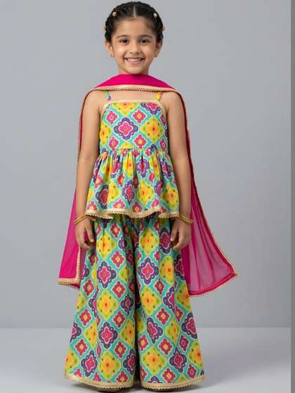 SHAHUDI DESIGNER Girls
                      Floral Printed Top with Palazzos & With
                      Dupatta