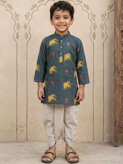 Sangria Boys Printed
                    Cotton Mandarin Collar Kurta & Dhoti Pants