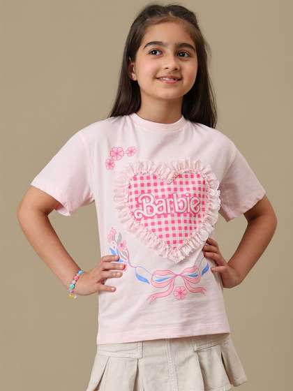 Kids Ville Girls Barbie
                    Printed Cotton Round Neck Relaxed Fit T-shirt