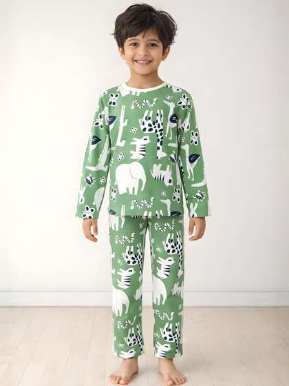 Anthrilo Green Kids Boys
                    Animal Long Sleeve Cotton Night Suit