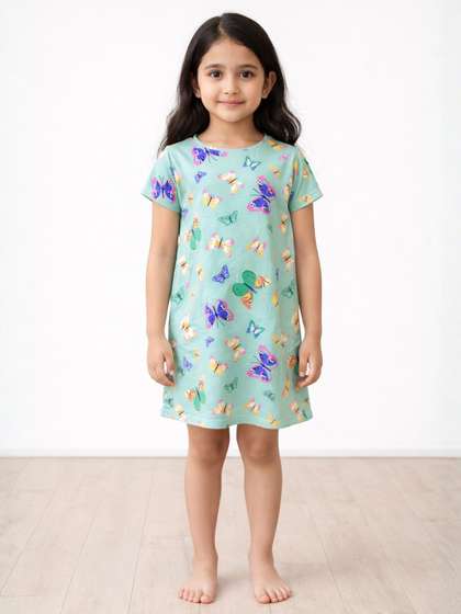 Anthrilo Kids Girls
                    Summer Butterfly Green Night Dress Cotton Green