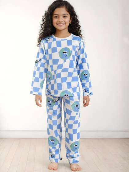Anthrilo Blue Kids
                      Girls Globe Check Long Sleeve Printed Cotton Night
                      Suit Pyjama Set